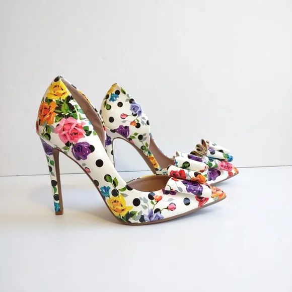 🌸 BETSEY JOHNSON Floral & Polka Dot Pointed Toe Bow Heels Size 7.5 - Picture 6 of 11